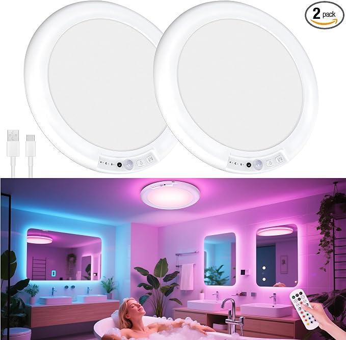maylit 2 Pack Rechargeable Shower Lights with Motion Sensor | RGBW Waterproof Wireless Ceiling Lights for Bathrooms, Showers and Indoor Spaces