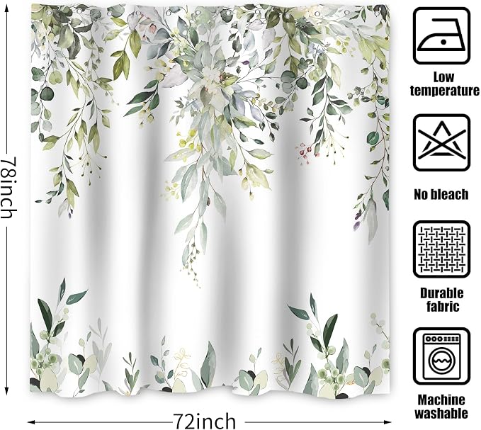 Sage Green Eucalyptus Extra Long Shower Curtain, Watercolor Leaves Plant Spring Floral Waterproof Fabric Machine Washable with Hooks for Bathroom Bathtub 72Wx78H
