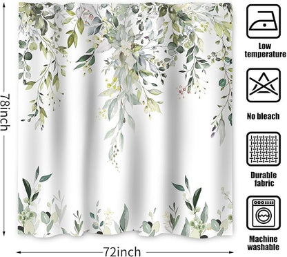 Sage Green Eucalyptus Extra Long Shower Curtain, Watercolor Leaves Plant Spring Floral Waterproof Fabric Machine Washable with Hooks for Bathroom Bathtub 72Wx78H