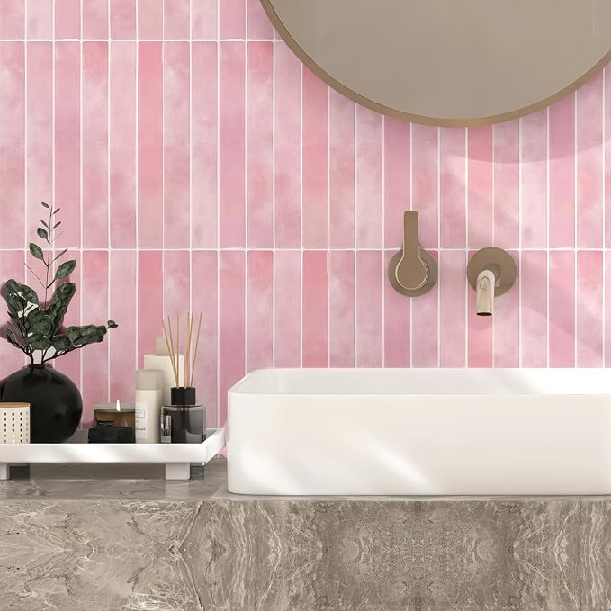 10 Sheet 9 * 11.4 in backsplash Tiles Peel Stick for Kitchen Bathroom Laundry RV Wall Decor, Thickened Wall Tile Stickers Stick Girls' Room Tile backsplash(Pink)