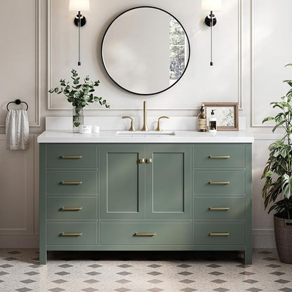 ARIEL Cambridge 60-inch Bathroom Vanity with Sink,Solid Wood, 1.5-inch Pure White Quartz Countertop, Single Rectangular Porcelain Sink, 2 Soft Closing Doors, 9 Dovetail Drawers, Vintage Green