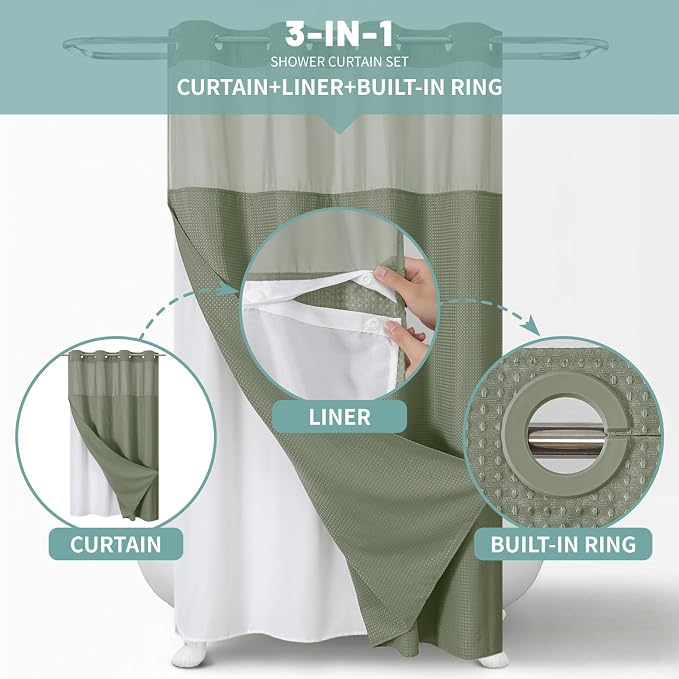 No Hook Waffle Shower Curtain with Snap-in Liner, 54x80 Inch, Sage Green | 230GSM waffle weave fabric, waterproof liner set with 2 bottom magnets, mesh window, washable, for shower stalls or bathrooms