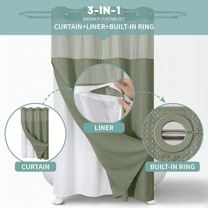 No Hook Waffle Shower Curtain with Snap-in Liner, 54x80 Inch, Sage Green | 230GSM waffle weave fabric, waterproof liner set with 2 bottom magnets, mesh window, washable, for shower stalls or bathrooms