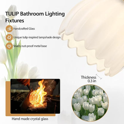Gold 2 Light Bathroom Vanity Light,14.9in Modern Bathroom Lighting Fixtures Over Mirror with Milky White Tulip Crystal Glass Shade,Brass Vintage Vanity Lights for Bathroom Living Room Bedroom
