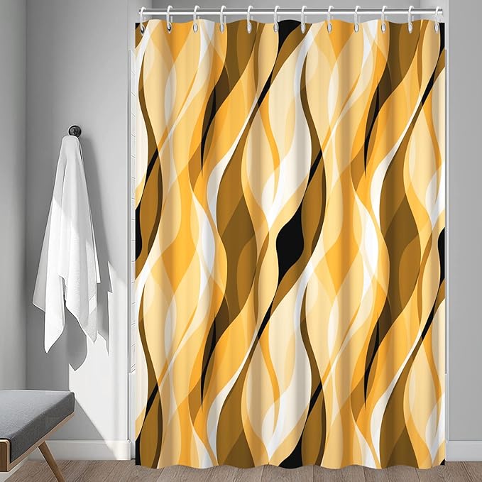 Yellow Shower Curtain, Abstract Ombre Yellow and Grey Striped Shower Curtain Set for Bathroom Waterproof Shower Curtain with Hooks, 72x78 Inch