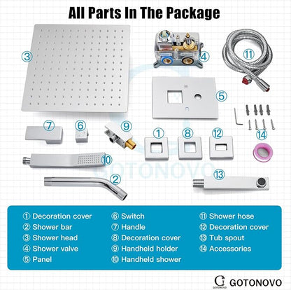 gotonovo Bathtub Shower Faucet Set, 8 Inch Shower Head, Polish Chrome | Wall Mounted Shower System with Tub Spout for Bathroom, Square High Pressure Rain Shower head with Handheld Spray, All Metal