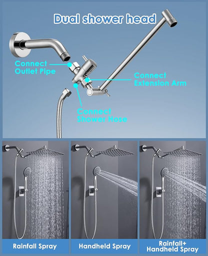 Rain Shower Head with Handheld, 10" Dual Shower Combo, Chrome | 304 stainless steel rainfall head, adjustable extension arm, 5 spray modes, anti-clog nozzles, easy bathroom upgrade