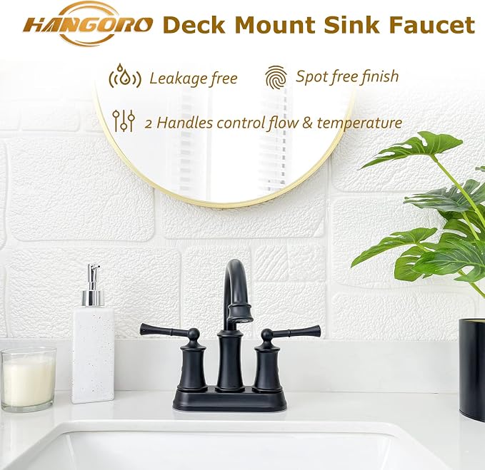 4 Inch Centerset Bathroom Faucet Matte Black,2 Handle Bathroom Faucet 3 Hole, Antique Brass Bathroom Faucet with Pop Up Drain Supply Hose for Vanity Lavatory RV Farmhouse(L2303-BK)