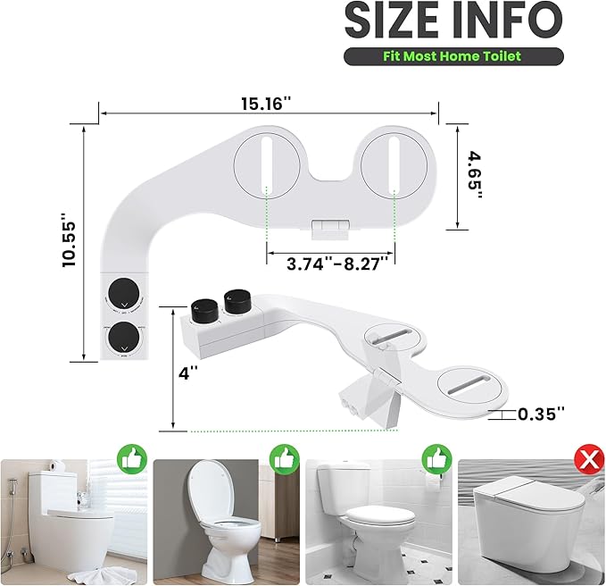 Toilet Bidet With Left/Right Side Reversible Design, Fresh Water, Non-Electric, Toilet Bidet Attachment, Right/Left Hand Side with Dual Nozzle, Self-Clean, Easy to Install (Black Knob)
