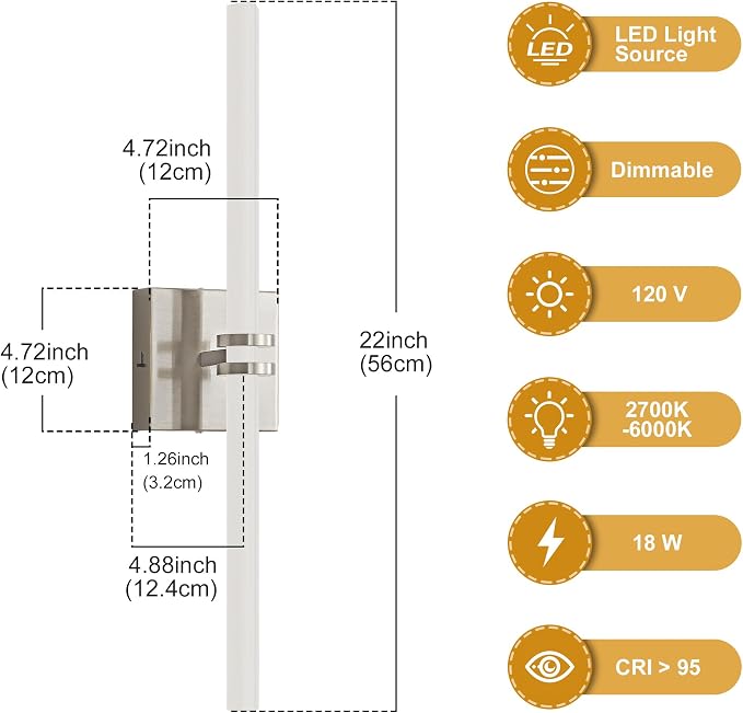 Bathroom Light Fixture LED Vanity Light 22" 5CCT Wall Sconce 18W | LED Dimmable Wall Light Nickel Modern 360° Lighting, Hardwired Vanity Light for Bathroom Mirror, Flicker-Free