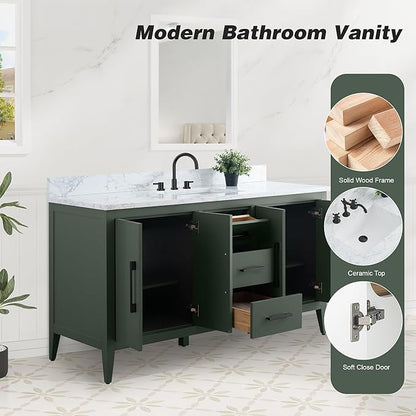 HomeBeyond 60 Inch Bathroom Vanity with Sink & Ceramic Top, Single Vanity Cabinet with Basin, Soft-Closing Doors & Matte Black Hardware, Vintage Green