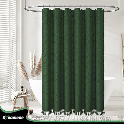 Boho Farmhouse Shower Curtain Tufted Geometric 72"x72" Dark Green | Elegant Tassel, Soft Lightweight Textured Cloth, Water Repellent, Washable, Hotel Spa, for Bathroom/Dorm/Apartment 12 Hooks