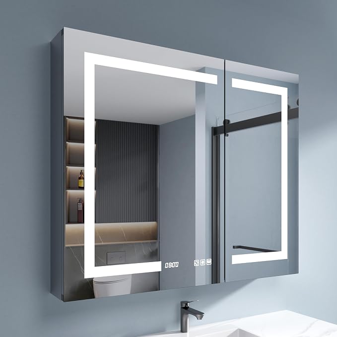 Medicine Cabinet with Lights 36x30 Anti-Fog Mirror Dimmable | 3 Color Dimmable LED. Time/Temp Display. Anti-Fog IP44. 2 Outlets+2 USB. Plug-in/Hardwired. Recessed/Surface Mount.