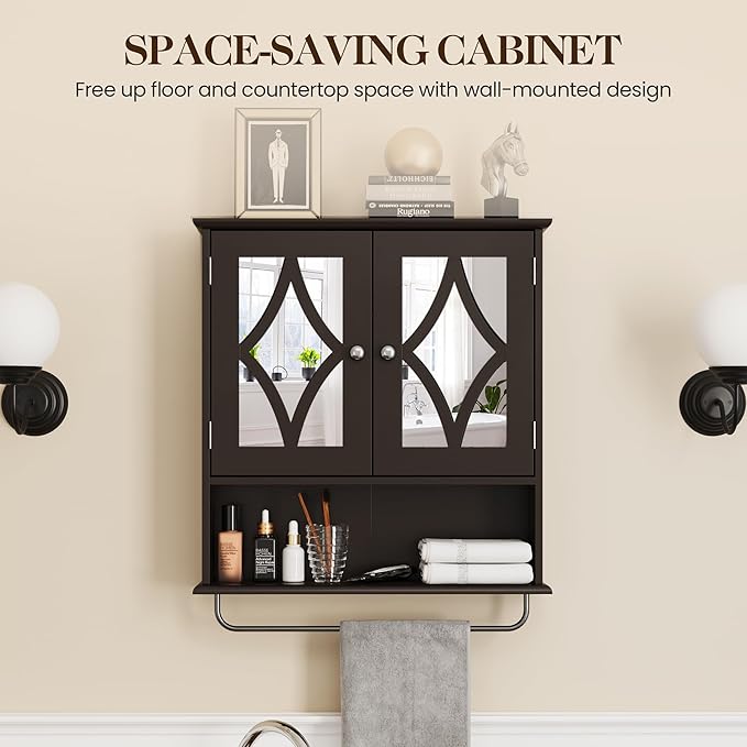 Bathroom Medicine Cabinet with Adjustable Shelves and Towel Bar, Vanity Wall Mounted Storage Cabinet with Mirror, Hanging Wall Cabinet for Bathroom, Laundry, Living Room (Brown)