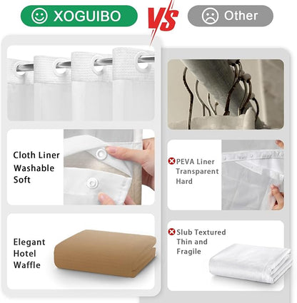 No Hook Shower Curtain and Liner Set,Ombre Beige Hotel Waffle Shower Curtain with Liner 75" L x 72" W | Washable Snap in Fabric Liner, Mesh Top Window, Waffle Hotel Style Shower Curtain Set