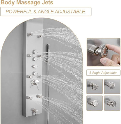 Shower Panel Tower System, 4 in 1 Stainless Steel Rainfall Shower Panels with 4-Functions, 8 Body Massage Jets, Handheld Head, Wall Mounted Brushed Nickel