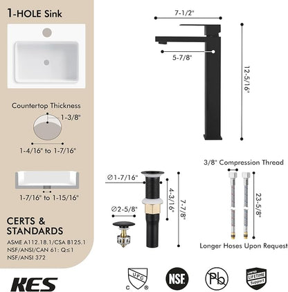 KES Vessel Sink Faucet and Drain Combo, Black Bathroom Faucets, Tall Faucets, All-Metal Pop Up Sink Drain NO Overflow, Matte Black, L3156BLFF12-BK-C2