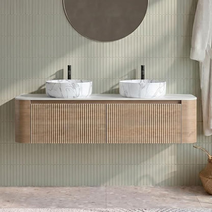60" Preassembled Double Floating Bathroom Vanity with Carrara Sink, Oak | IMPORTANT: Before first use, please remove the protective foam insert beneath the drawer to ensure smooth, proper operation.