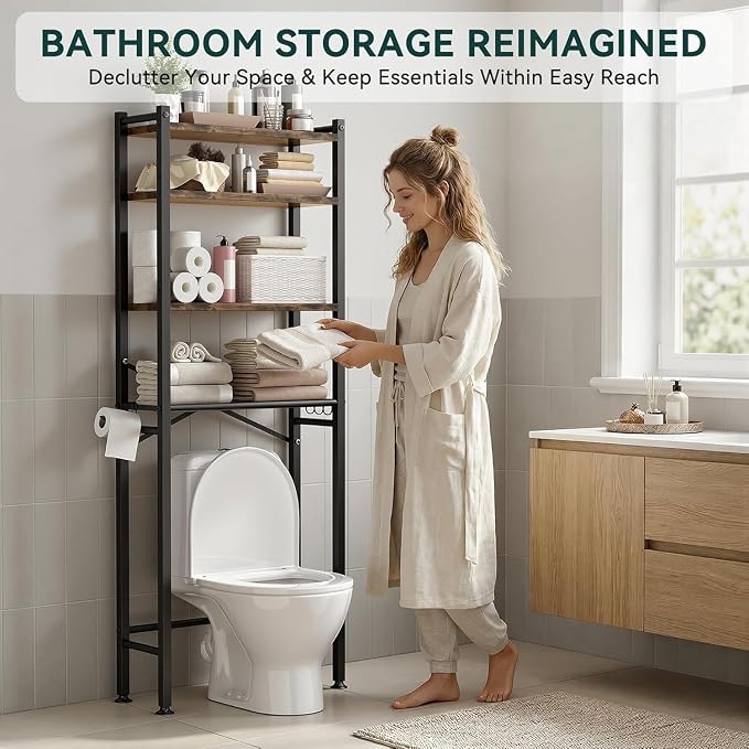 GloTika 4-Tier Over The Toilet Storage, Anti-Tilt, 69.3" H, Black Brown | Anti-Tilt Safety System, 150lb Capacity, Carbon Steel, Freestanding, Anti-Rust Coating, Paper Holder & 4 Hooks