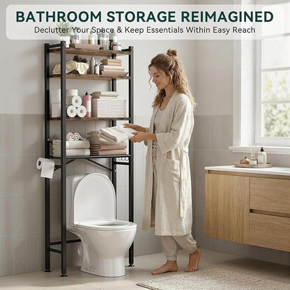 GloTika 4-Tier Over The Toilet Storage, Anti-Tilt, 69.3" H, Black Brown | Anti-Tilt Safety System, 150lb Capacity, Carbon Steel, Freestanding, Anti-Rust Coating, Paper Holder & 4 Hooks