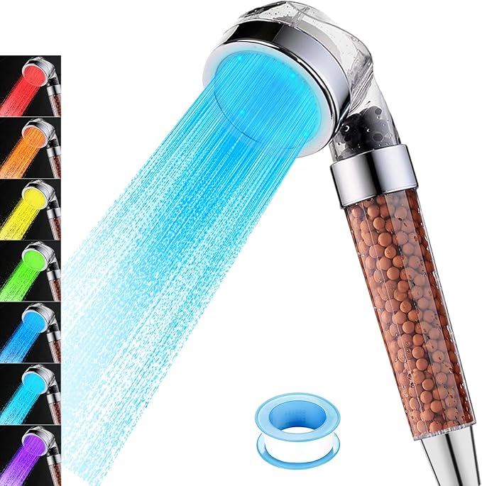 Vacto LED Handheld Shower Head Set with Filtration, Automatic 7-color Changing Shower Head Kit, Water Saving Showerheads with Filtration Beads, High Pressure Handheld Shower Head (No Hose and Bracket)
