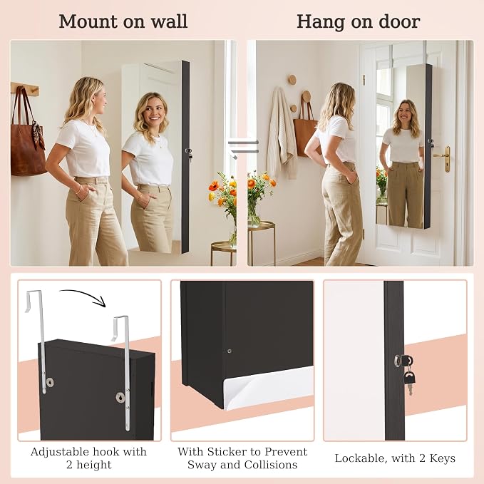 Unisakey Mirror Jewelry Cabinet,Lockable Wall or Door Mounted Jewelry Armoire Organizer With Built-up Mirror,LED Lights, Drawers,Cosmetic Trays,Shelves, 14.4"x3.15"x 43.1"（Black） | Door or Wall Mount Flexible,Drawers Cosmetic Trays Shelves Inside,Built...