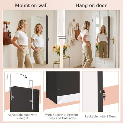 Unisakey Mirror Jewelry Cabinet,Lockable Wall or Door Mounted Jewelry Armoire Organizer With Built-up Mirror,LED Lights, Drawers,Cosmetic Trays,Shelves, 14.4"x3.15"x 43.1"（Black） | Door or Wall Mount Flexible,Drawers Cosmetic Trays Shelves Inside,Built...