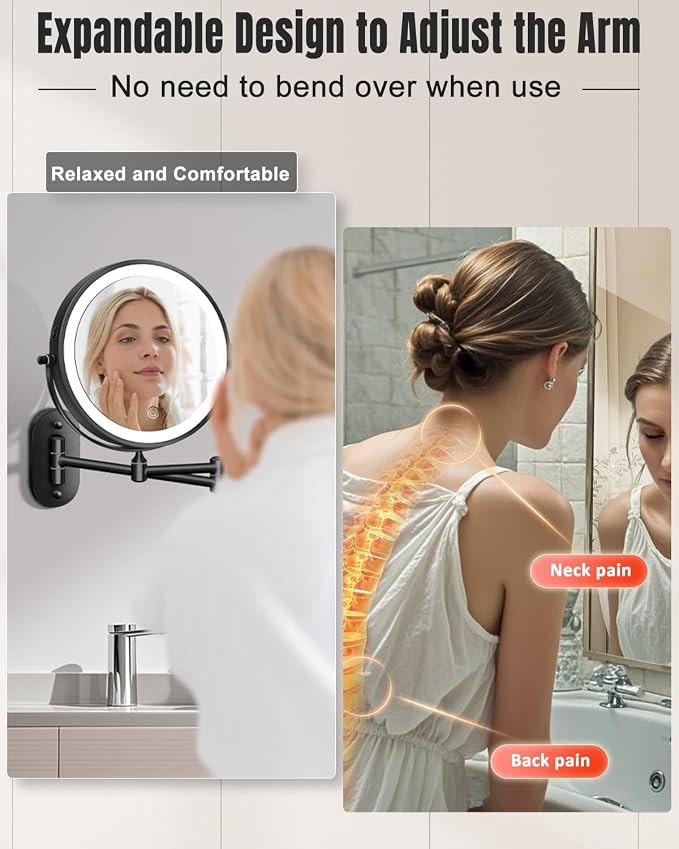VFD 8'' 30X/1X Wall Mounted Lighted Magnifying Makeup Mirror with Lights | Double Sided Rechargeable Bathroom Mirror, 3 Color Lights Touch Dimmable Extended Arm 360 Rotation Light up Mirrors