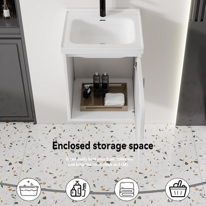 16'' Bathroom Vanity with Ceramic Sink Combo, Wall Mounted Small Bathroom Vanity with Soft-Close Door Modern Floating Cabinet, Pop-up Drain, P-Trap Included, White(No Faucet)