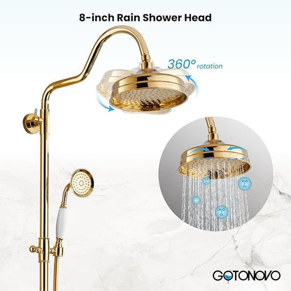 gotonovo Exposed Bathroom Shower System Two Cross Handle Polished Gold | Vintage Brass Tub Shower Faucet Set,8’’ Rain Head with Handheld Spray,Swivel Tub Spout,6’’ Hole Distance,Adjustable Height