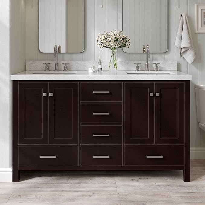 ARIEL Cambridge 60-inch Bathroom Vanity with Sink,Solid Wood, 1.5-inch Italian Carrara Marble Countertop, Double Rectangular Porcelain Sink, 4 Soft Closing Doors, 6 Dovetail Drawers, Espresso