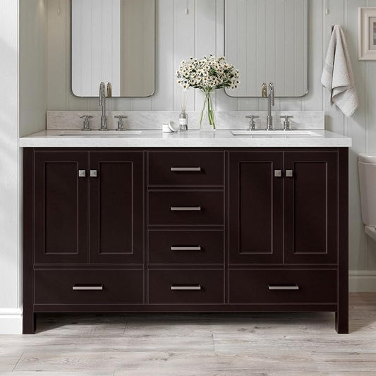 ARIEL Cambridge 60-inch Bathroom Vanity with Sink,Solid Wood, 1.5-inch Italian Carrara Marble Countertop, Double Rectangular Porcelain Sink, 4 Soft Closing Doors, 6 Dovetail Drawers, Espresso