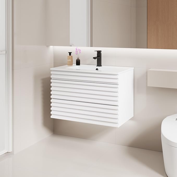 LUCKWIND 30" Floating Bathroom Vanity with Sink, Mid-Century Wall Mounted Big Drawer Cabinet with Large Sink, Water Saving Faucet and Wood Stripes Style, White