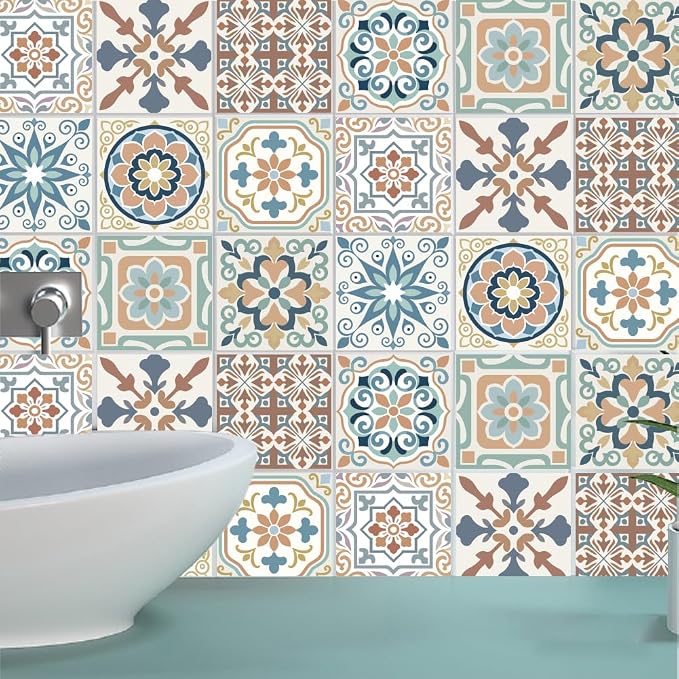 36Pcs 9 Styles Mediterranean Peel and Stick Tile 4 x 4 Inch Decorative Tile Stickers Square Flower Pattern Waterproof PVC Decals for Kitchen Bathroom Backsplash Furniture DIY Home Decor
