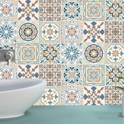 36Pcs 9 Styles Mediterranean Peel and Stick Tile 4 x 4 Inch Decorative Tile Stickers Square Flower Pattern Waterproof PVC Decals for Kitchen Bathroom Backsplash Furniture DIY Home Decor