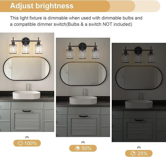 Black Bathroom Light Fixtures, Square, 3-Light | Vanity Lights with Crystal Shades, Modern Bathroom Lighting Fixtures over Mirror (Bulbs Not Included, E26)