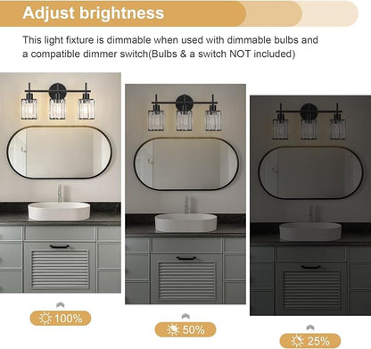 Black Bathroom Light Fixtures, Square, 3-Light | Vanity Lights with Crystal Shades, Modern Bathroom Lighting Fixtures over Mirror (Bulbs Not Included, E26)