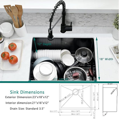 Undermount Laundry Utility Sink with Faucet, 23"x18"x12" Black Stainless Steel Laundry Sink Undermount Utility Sink Laundry Room Sink 16 Gauge Single Bowl Deep Laundry Sinks