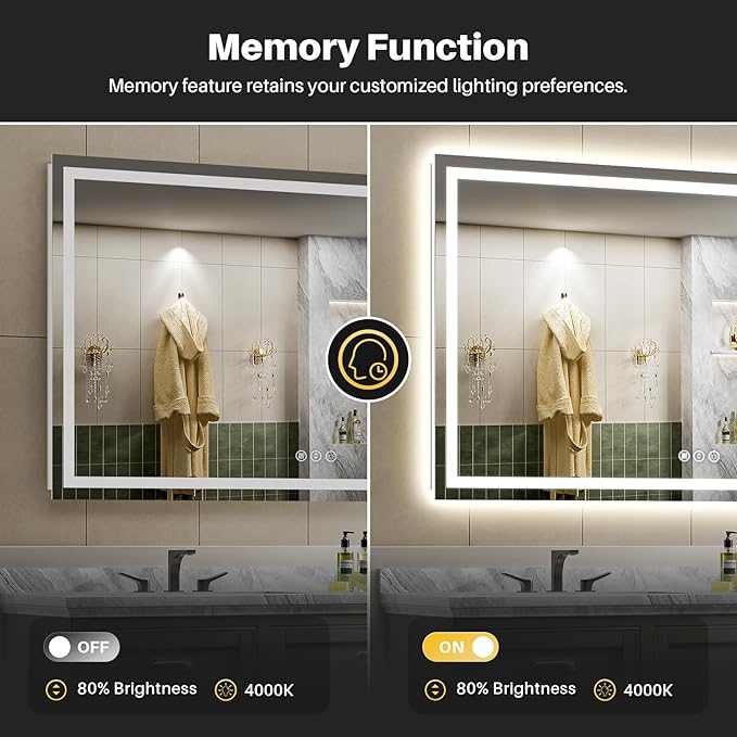 66x40 Inch LED Bathroom Mirror with Lights, Backlit & Front Lit, Anti-Fog Lighted Bathroom Vanity Mirror for Wall, Memory Function, Dimmable, HD Tempered Glass, Shatter-Proof