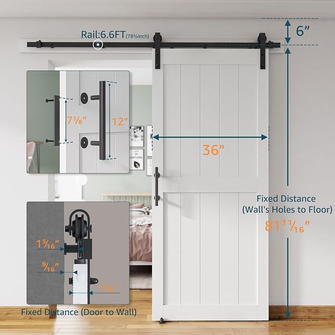 36''x 80'' Sliding Barn Door with 6.6 Ft Barn Door Hardware Kit | Pre-Drilled Holes Easy Assembly - Include Installation Manual, Water-Proof PVC Surface, H-Frame, White