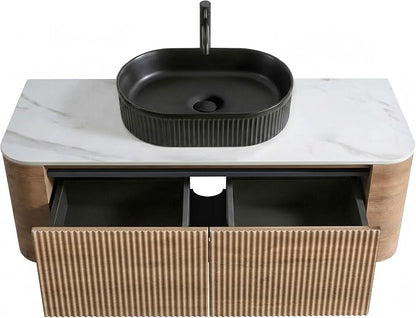 48" Preassembled Floating Bathroom Vanity with Black Sink, Oak | Mid-Century Modern Style, Fluted & Soft-Close Drawer with U-shaped Wall, Sinterted Stone Countertop, Towel Rack Included