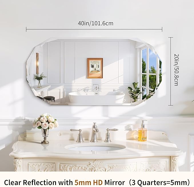 GLASHOM Frameless Bathroom Mirror, 20" x 40" Beveled Oval Wall Mirror for Over Sink, 16 Inch Modern Decorative Vanity Mirror for Bedroom, Living Room, Entryway, Hanging Mirror Horizontal or Vertical