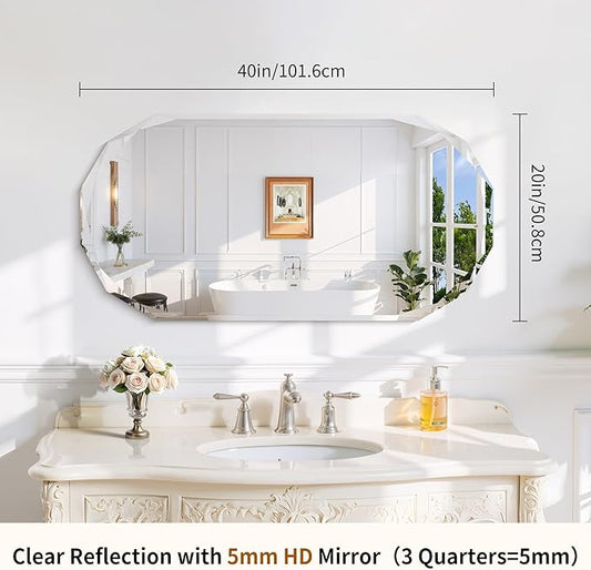 GLASHOM Frameless Bathroom Mirror, 20" x 40" Beveled Oval Wall Mirror for Over Sink, 16 Inch Modern Decorative Vanity Mirror for Bedroom, Living Room, Entryway, Hanging Mirror Horizontal or Vertical