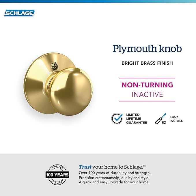 Schlage F170 PLY 605 Plymouth Door Knob, One Sided Non-Turning Dummy Door Handle, Bright Brass