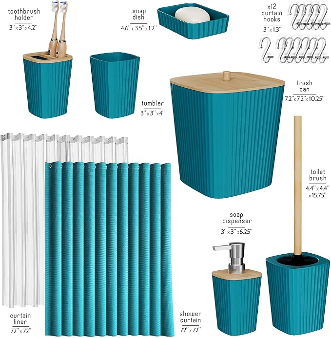 Clara Clark Teal Bathroom Set, Shower Curtain Set, Bathroom Accessory Set | 20 Piece Bathroom Accessories Set with Toothbrush Holder, Soap Dispenser, Soap Dish, Toilet Brush, and Bathroom Trash Can