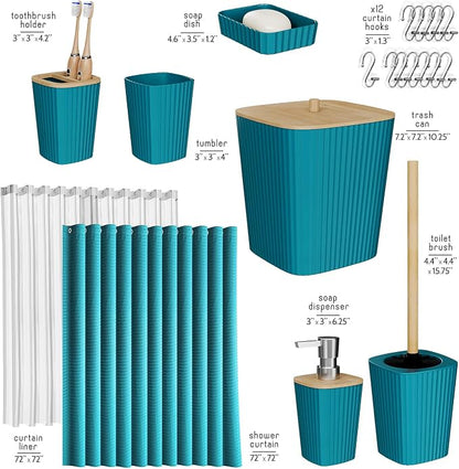 Clara Clark Teal Bathroom Set, Shower Curtain Set, Bathroom Accessory Set | 20 Piece Bathroom Accessories Set with Toothbrush Holder, Soap Dispenser, Soap Dish, Toilet Brush, and Bathroom Trash Can