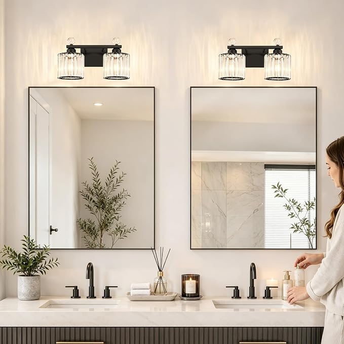 Lxybcce Modern Crystal Bathroom Vanity Light, 14In 2-Lights Bathroom Light Fixtures, Black Vanity Light Fixtures Over Mirror, Easy Installation & Shadow-Free Illumination for Bathroom Mirror Decor