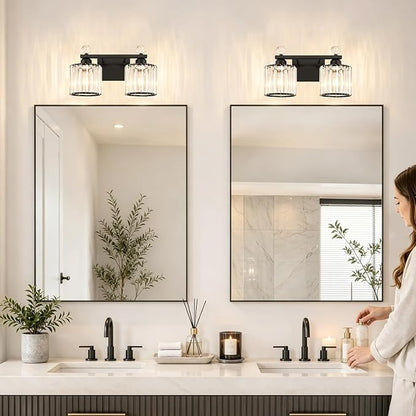 Lxybcce Modern Crystal Bathroom Vanity Light, 14In 2-Lights Bathroom Light Fixtures, Black Vanity Light Fixtures Over Mirror, Easy Installation & Shadow-Free Illumination for Bathroom Mirror Decor