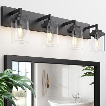 Bathroom Vanity Light, Clear Glass Shade 4 Lights Morden Bathroom Lighting Fixtures Over Mirror, Black Bathroom Light Vanity Fixtures for Bathroom/Living Room/Bedroom