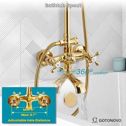 gotonovo Exposed Shower Faucet Set 8 Inch Rainfall Showerhead 3-Function Shower Fixture with Tub Spout 2 Corss Handles Shower System, Polish Gold